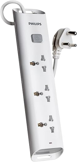 Philips CHP2432W Power Strips with 3 Universal Socket, One Main Switch, with Over Current Protection 1.4m Cable Length (White)