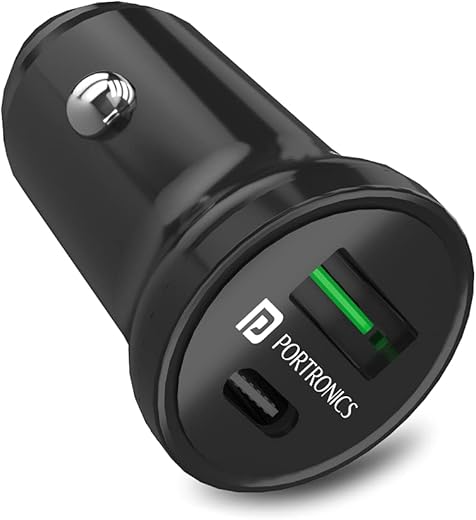 Portronics 38W Dual Output Fast Car Charger with 20W Type-C PD & 18W USB, Compact Size, Charging Adapter Compatible with Cars for iPhone & Android Smartphone, Smartwatch, Earbud, Power Bank (Black)