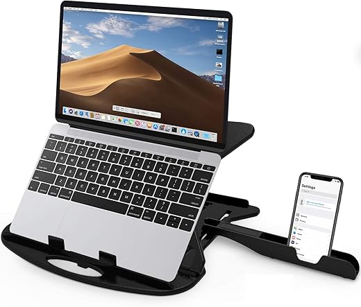 STRIFF Adjustable Laptop Tabletop Stand Patented Riser Ventilated Portable Foldable Compatible with MacBook Notebook Tablet Tray Desk Table Book with Free Phone Stand (Black)