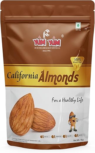 YUM YUM 100% Natural Premium California Almonds 1kg Value Pack Pouch | Premium Badam Giri | High in Fiber & Boost Immunity | Real Nuts | Whole Natural Badam