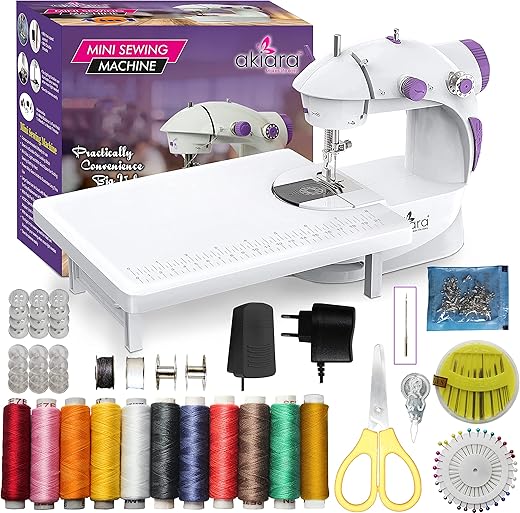 Akiara - Makes life easy Mini Sewing Machine with Table Set | Tailoring Machine | Hand Sewing Machine with extension table, foot pedal, adapter, White (With kit 2)
