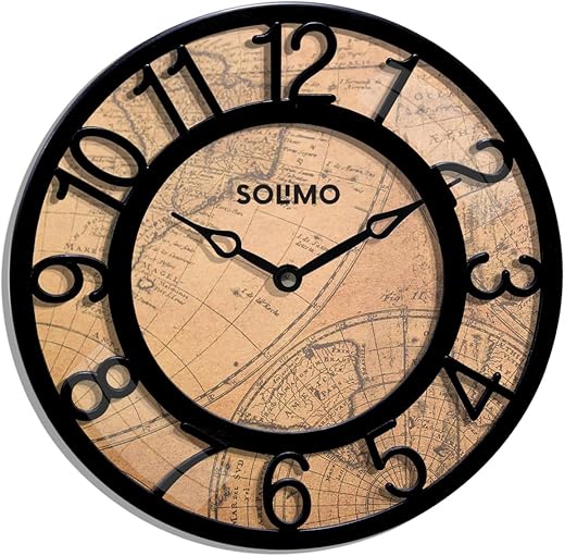 Amazon Brand - Solimo 8-Inch Plastic Analog Wall Clock/Table Clock - Map Dial (Black Frame, Quartz Movement)