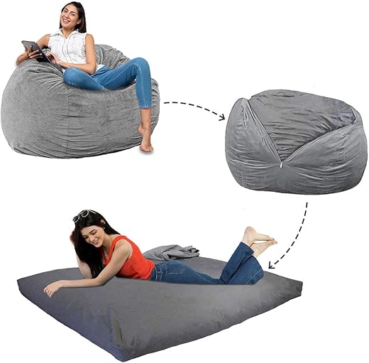 Amazon Brand - Solimo Foam Bean Bag Sac | Converts from Bean Bag to Double Bed | Capacity up to 120 KG, 6.5 Ft Height | Plush Velvet Fabric | Washable Cover | Size: 3 Ft (Bean Bag), 6 Ft (Bed) (Grey)