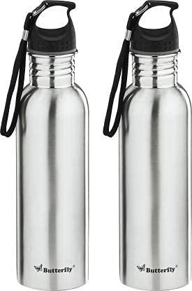 Butterfly ECO Stainless Steel Water Bottle (Pack of 2) - 750 ML | for School, Trekking or Office Bag | Leak Proof | Rust Proof | Sturdy Built | Silver