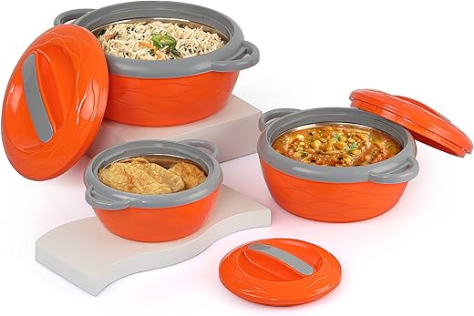 CELLO Hot n Fresh Casserole Set with Inner Stainless Steel - (Orange, 500ml, 1000ml, 1500ml) - Set of 3