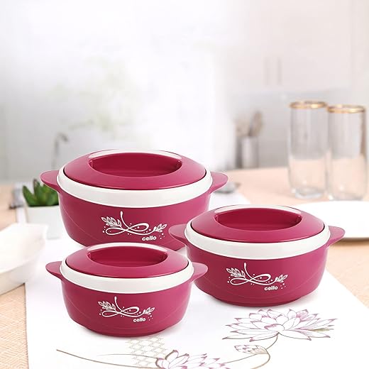 CELLO Sapphire Insulated Inner Steel Casserole Set of 3, Pink (500ml, 1000ml, 1500ml) | Hot Box for Kitchen | Hot Pot | Chapati Box | Locks in The Cold & Heat for Long | Serving Bowl with Lid |