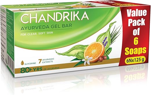 Chandrika Glycerine Ayurveda Gel Bar| Glycerine Bath Soap with Jojoba Oil for Moisturized Skin| For All Skin Types| 125g (Pack of 6)