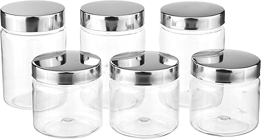 Houshe Plastic Storage Containers For Kitchen Airtight | Steel Cap Jar Set Of 6 Food Grade Boxes For Storing | Bpa - Free, Stackable | 200 Ml - 3 Pcs, 300 Ml - 3 Pcs, Clear