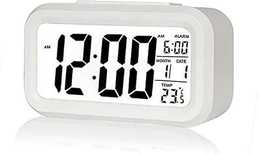 Kadio Digital Alarm Clock,Battery Operated Small Desk Clocks,with Date, Indoor Temperature,Smart Night Light,LCD Clock for Bedroom Home Office (White) - Abs, 20 Cm