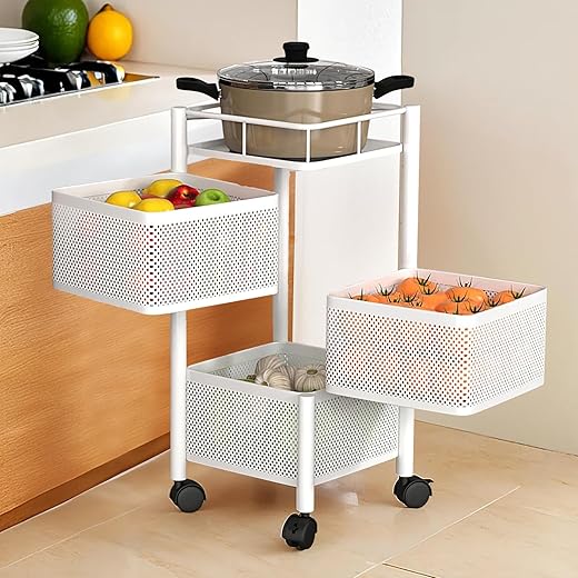 Kuber Industries Kitchen Storage Rack | 3-Tier Square Multipurpose Storage Trolley with Wheels | Revolving Vegetable Rack | Metal Fruit Rack | White