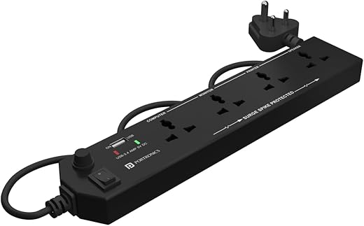 Portronics Power Plate 4 Extension Board with 4 Universal Sockets, USB Charging Port, 1.5 Meter Long Cord, 1500 Watts, Child Safety Shutter, 3 Pin Multi Plug for Home Appliances (Black)