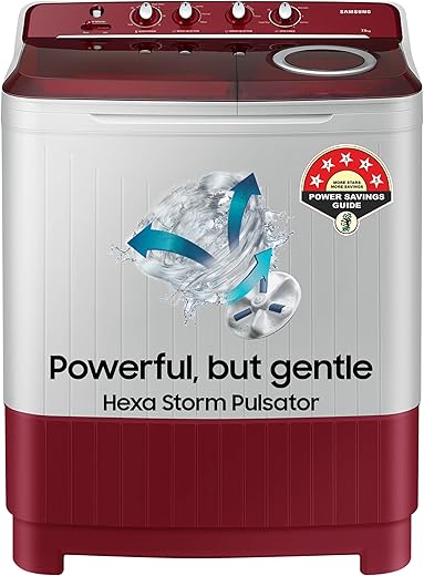 Samsung 7.5 Kg Inverter 5 Star Semi Automatic Top Load Washing Machine (WT75B3200RR/TL, Light Grey & Red Base, Air turbo drying)
