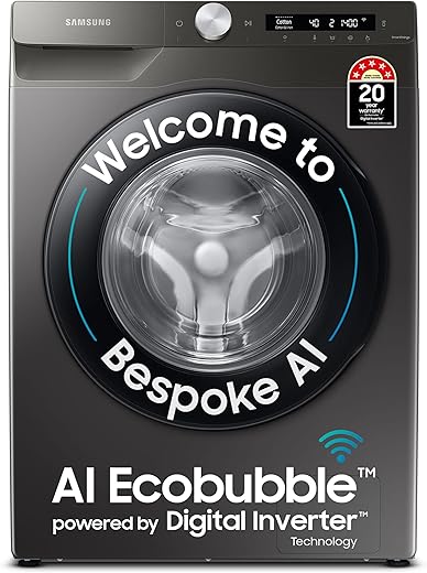 Samsung 9 kg, 5 Star, AI Ecobubble, Wi-Fi, Hygiene Steam with Inbuilt Heater, Digital Inverter, Fully-Automatic Front Load Washing Machine (WW90T504DAN1TL, Inox)