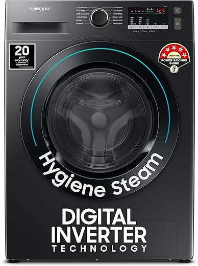 Samsung 9 kg, 5 Star, Hygiene Steam with Inbuilt Heater, Digital Inverter, Fully-Automatic Front Load Washing Machine (WW90T4040CB1TL, Black)