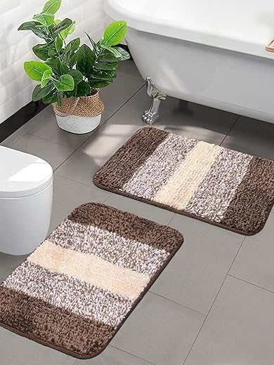 Saral Home Microfiber Striped Rectangle Shaped Anti-Skid Bath Mats | Soft & Super Absorbent Mats for Shower | Washable, Non-Slip & Quick-Drying Mats, 35x50 CM | Pack of 2 (Brown)