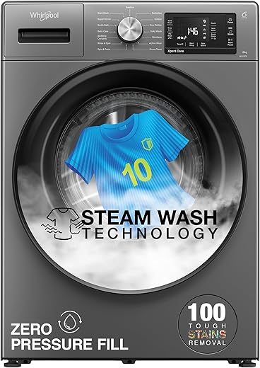 Whirlpool 8 Kg 5 Star Inverter Front Load Fully Automatic Washing Machine with In-Built Heater (XS8014BYM52E, MidNight Grey, Steam Technology, 100+ Tough Stains, 6th Sense Soft Move, 2024 Model)