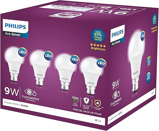 Philips Ace Saver 9 Watt LED Bulb, Base B22 (Cool Day Light), Pack of 4