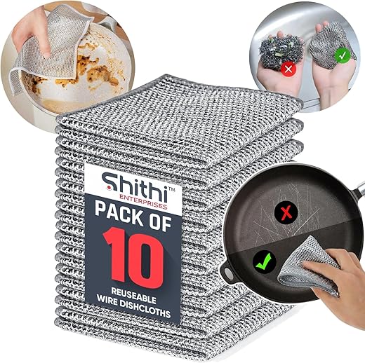 SHITHI Kitchen Multipurpose Reusable Wire Dishwashing Rags Stainless Steel Dishcloth Scrubber for Washing Dishes, Kitchen, Stove Cleaning Stainless Steel Wired Cloths (Pack of 10)