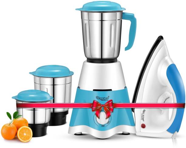 Skystar Elegant Mixer Grinder & 750 Dry Iron Super Combo 700 W Mixer Grinder  (Elegant & 750Dry Iron Super Combo | 3 Jars | White Blue)