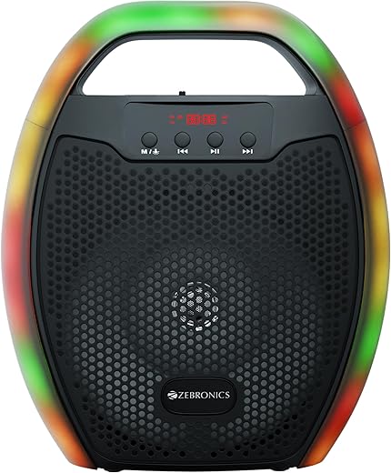 ZEBRONICS Sound Feast 60 Portable Wireless Speaker with 10W Output, Bluetooth v5.0, FM Radio, AUX, USB, mSD, TWS, 6.3mm Wired mic Support, Media + Volume Control, Carry Handle and RGB LED Lights