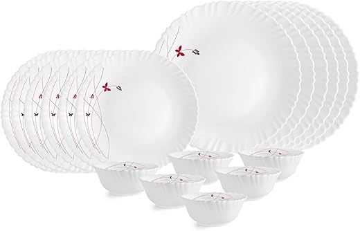 Cello Opalware Dazzle Series Lush Fiesta Dinner Set, 18 Units | Opal Glass Dinner Set for 6 | Light-Weight, Daily Use Crockery Set for Dining | White Plate and Bowl Set