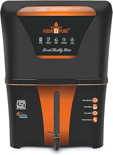 AQUA D PURE Copper + Alkaline RO Water Purifier 12L RO+UV+UF Copper+Bio-Alkaline +TDS Control+UV Purified Water with Goodness of Copper and Alkaline RO Water Purifier, Black