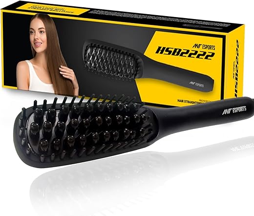 Ant Esports HSB2222 Hair Straightener Brush, Fast Heating Straightening Comb with Anti Scald & On-Off Safe, Portable Travel Flat Iron Brush, Frizz-Free Hair Care Silky Straight Heated - Black