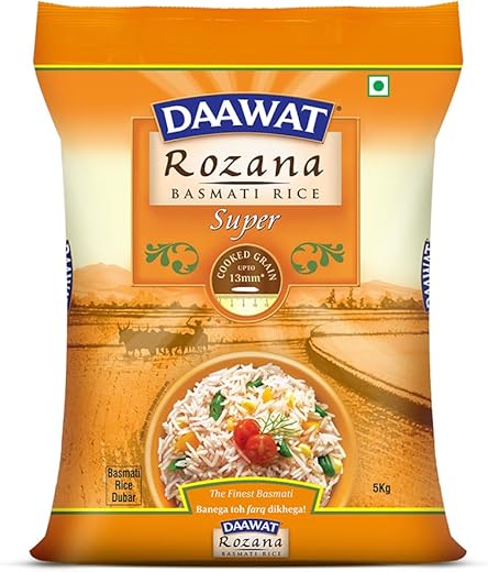 Daawat Rozana Super Basmati Rice 5Kg| For Everyday Consumption| Cooked Grain Upto 13mm*| Naturally Aged