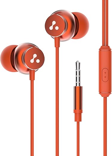 Ambrane Stringz 38 Wired Headphones with Mic, Powerful HD Sound with High Bass, Tangle Free Cable, Comfort in Ear Fit, 3.5mm Jack (Amber Orange)