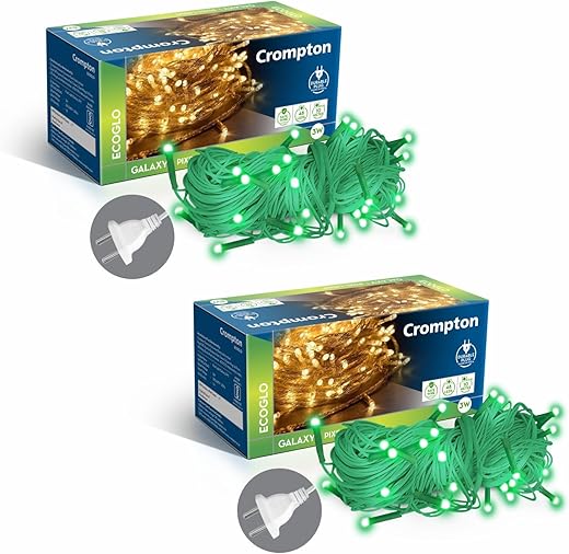 Crompton Galaxy Pixel Light | Festive Ladi Lights | 10 Meter | 48 LEDs | Green | Pack of 2 | Direct 2-pin Plug | BIS Safe Wire | for Home Decoration, Diwali, Festival, Birthday, Marriage