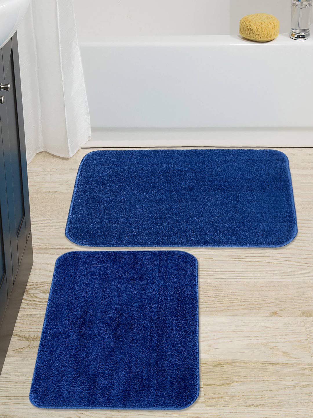 Saral Home Microfiber Solid Anti-Skid Bath Mats Set of 2 (Blue, 35X50 CM)
