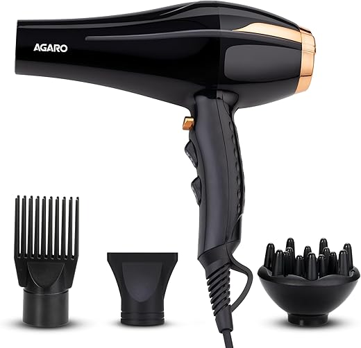 AGARO HD-1130 2000 Watts Professional Hair Dryer with AC Copper Motor, Concentrator, Diffuser, Comb, Hot & Cold Air, 2 Speed 3 Temperature Settings with Cool Shot, For both Men & Women, Black