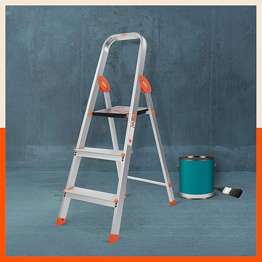 Bathla Advance Carbon - 3 Step Foldable Aluminium Ladder with Scratch Resistant Smart Platform and Sure-Hinge Technology (Orange)