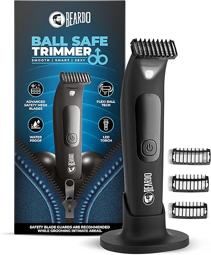 Beardo Ball Safe Trimmer for Men | Fast charging trimmer men for private parts, beard, body | IPX7 Waterproof Trimmer with Safe Flexible Blades | Body Grooming Kit - No Nicks or Cuts, Powerful Motor, Type C, Fast Charging, 110-Min Runtime