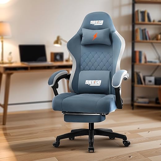 DROGO Throne Ergonomic Gaming Chair with Linkage Armrest, Footrest, Adjustable Seat & Fabric | Computer Chair with Head & Massager Lumbar Support Pillow | Home & Office Chairs with Recline (Lite Blue)