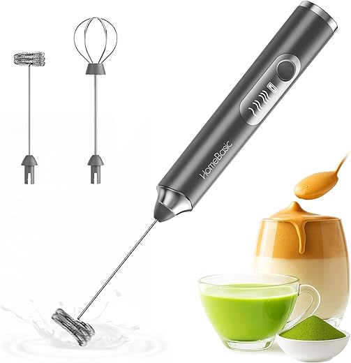 HOMEBASIC 3-Speed Electric Milk Frother, Handheld Foam Maker with USB Rechargeable 1200mAh Battery, 304 Stainless Steel Whisks, Silent Operation for Coffee, Lattes, Matcha, Eggs (Grey)