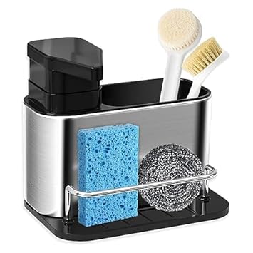 MEEDROZ 3 in 1 Kitchen Sink Caddy With Soap Dispenser and Sponge Holder, Stainless Steel Sink Organizer, Silver