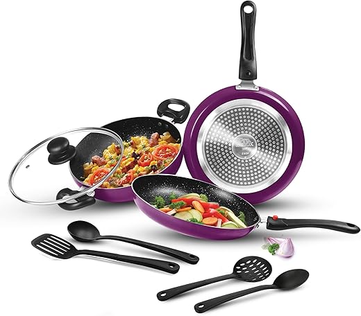 Milton Pro Cook Kitchen Jewel Set of 7 Non Stick Cookware | Induction and Gas Stove Friendly I Cooking Pan, Kadhai with Lid, Tawa I Dark Purple