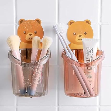 Pathavi Cute Bear Wall-Mounted Storage Cups, Toothbrush Holder, Makeup Brush Holder, Cute Cartoon Holder for Kids & Adults, Self-Adhesive Bathroom Organiser, Pink and Brown, Pack of 2