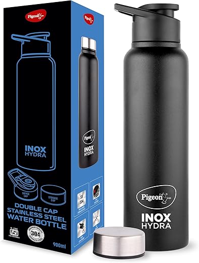 Pigeon by stovekraft Inox Hydra Duo, Dual Cap, Flipper and Fridge in one bottle, Easy to use, Multipurpose all in one bottle 900ml, Black