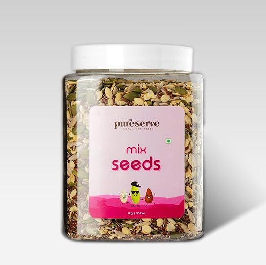 Pureserve 5-in1 Super Mix Seeds 1Kg – Blend of Pumpkin, Sunflower, Flax, Chia & Watermelon Seeds | Rich in Protein & Fiber | Roasted, Ready-to-Eat Healthy Snack