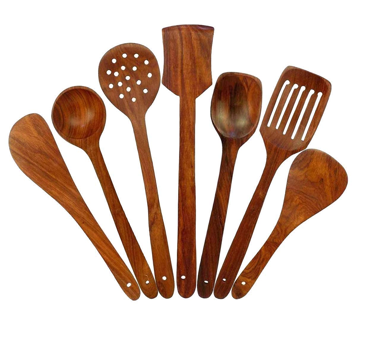 SATMPD Natural Rose Wood Spatula 2 Frying, 1 Serving, 1 Spatula, 1 Chapati Spoon, Multipurpose Large Size Wooden Spoons Easy to Wash Low Maintenance Ladle 1 Desert, 1 Rice (Set of 7)
