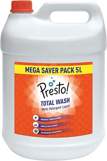 Amazon Brand - Presto! Total Wash Matic Detergent Liquid | 5 Litre | Removes Tough Stains | Gentle on Clothes | Refreshing Fragrance | Liquid Detergent for Washing Machine and Hand Wash