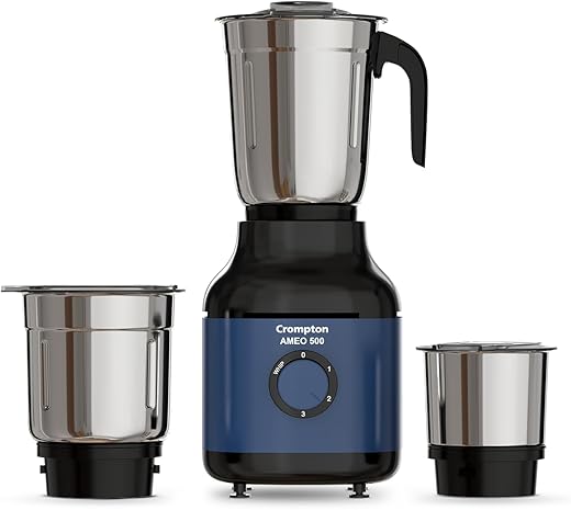 Crompton Ameo 500W Mixer Grinder with Powertron Motor & Motor Vent-X Technology, Robust design (3 Stainless Steel Jars, Blue and Black)