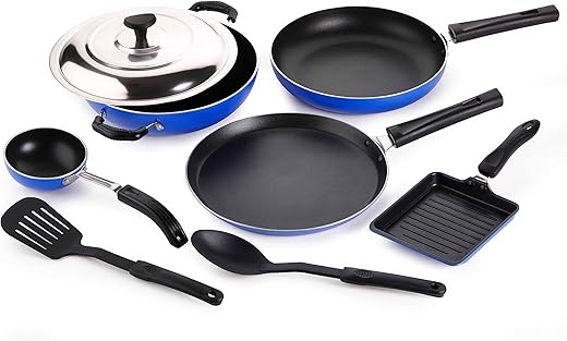 Crystal Eco Plus 8-pc Non-Stick Cookware Set, PFOA Free, Tawa, Kadhai with SS Lid, Fry Pan, Vagariya, Mini Grill Pan, 2 Spatulas, Blue