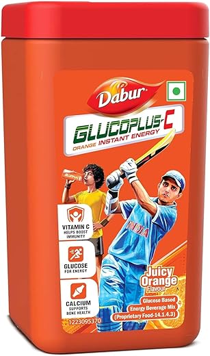 Dabur GlucoPlus-C Juicy & Tasty (Orange Flavour) Powder- 400g Jar | Vitamin C helps Boosts Immunity | Calcium Supports Bone Health