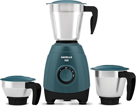 Havells ESO 750 Watt Mixer Grinder | 3 Stainless Steel Jars with Handles | 304 Rust-Resistant SS Blades | 21000 RPM High-Speed Motor | 5-Year Motor Warranty | Heavy-Duty Mixie (Teal)