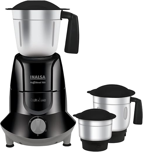 INALSA Mixer Grinder 750Watt- MaxxBlend 750 with 3 Stainless Steel Jars (For Dry Grinding, Wet Grinding, Chutneys, (Black/Grey)