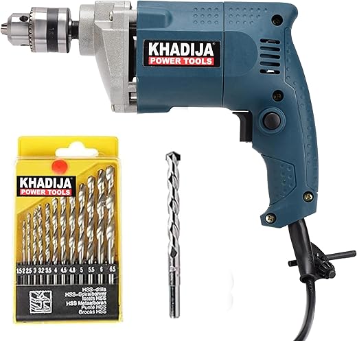KHADIJA Drill Machine 10mm With Free 13Pcs HSS Drill Bits & 1Pc Masonary Bit Combo 6 Months Warranty (Blue)