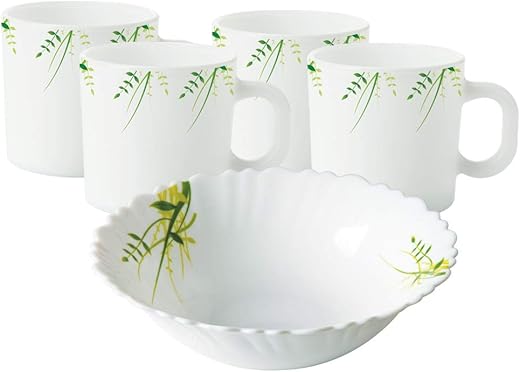 Larah by Borosil Hub Opalware Set – 4 x 180ml Cups and 1 Snack Bowl (5 Pieces) | Microwave and Dishwasher Safe | Ideal for Tea, Coffee, and Casual Meals